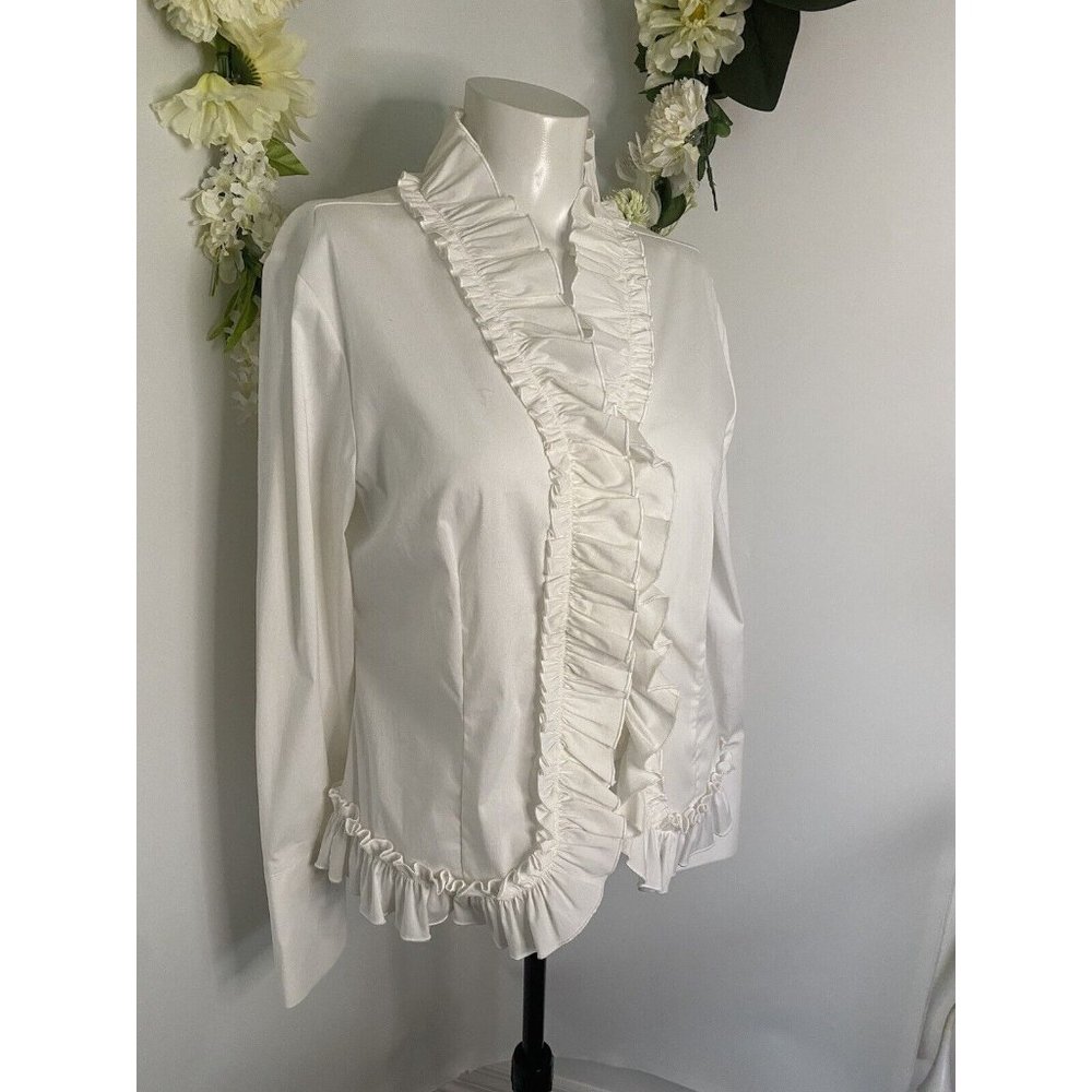 Randy Kemper Designer White‎ Ruffled Cotton Blend Stretch Size 8 Career NWOT Vtg